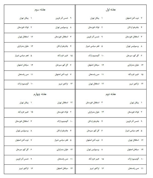 عکس از برنامه هفته اول تا جهارم لیگ برتر ایران